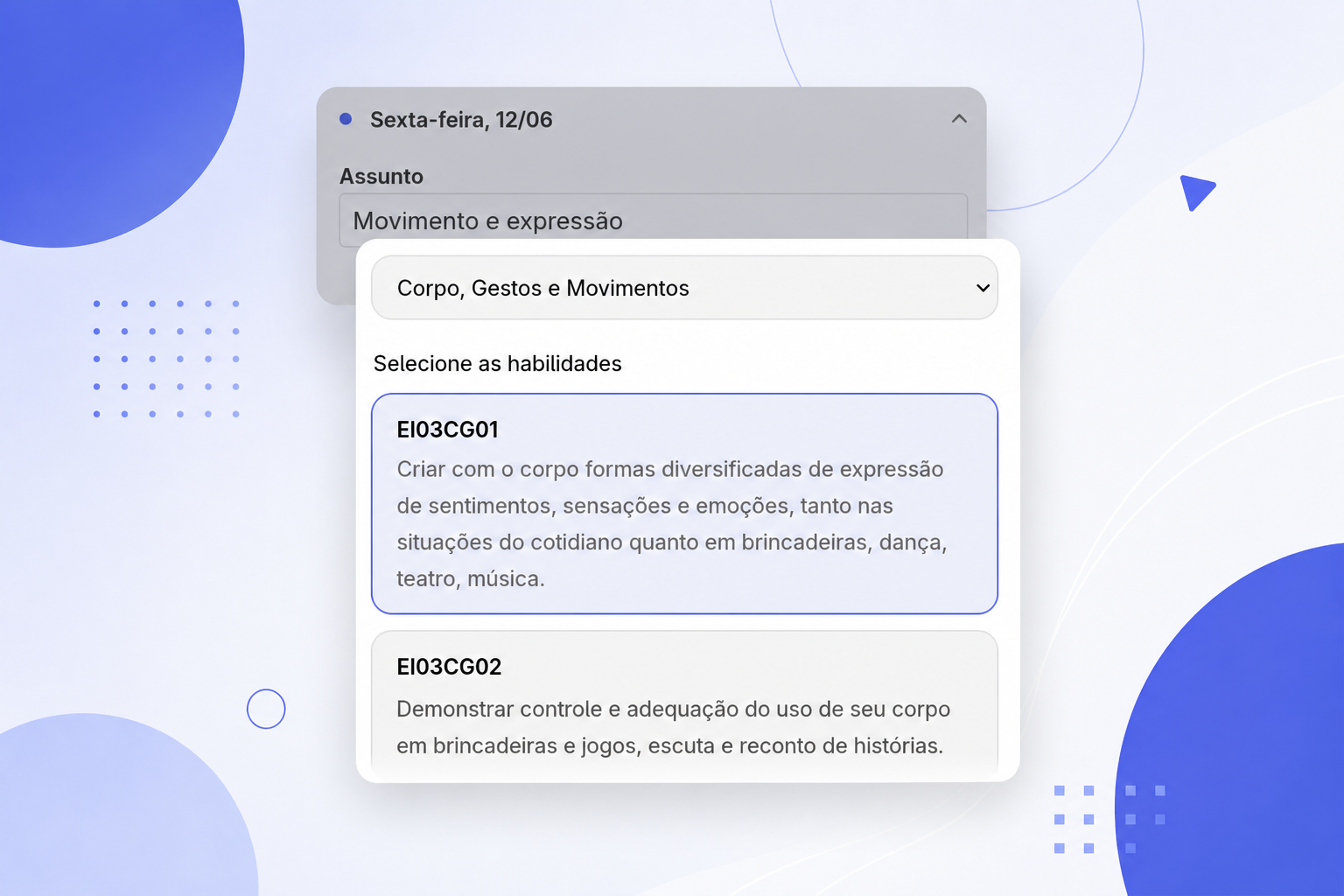 Formulário de entrada com dados da turma e habilidades da BNCC